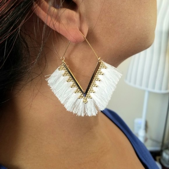 Boho Fringe Statement Earrings White Festival - Picture 2 of 6